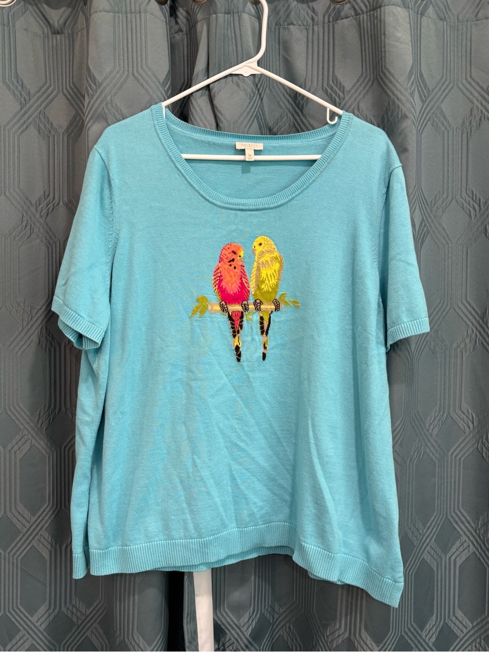 Talbots Aqua Tee with Pink and Yellow Embroidered Budgies/Parakeets